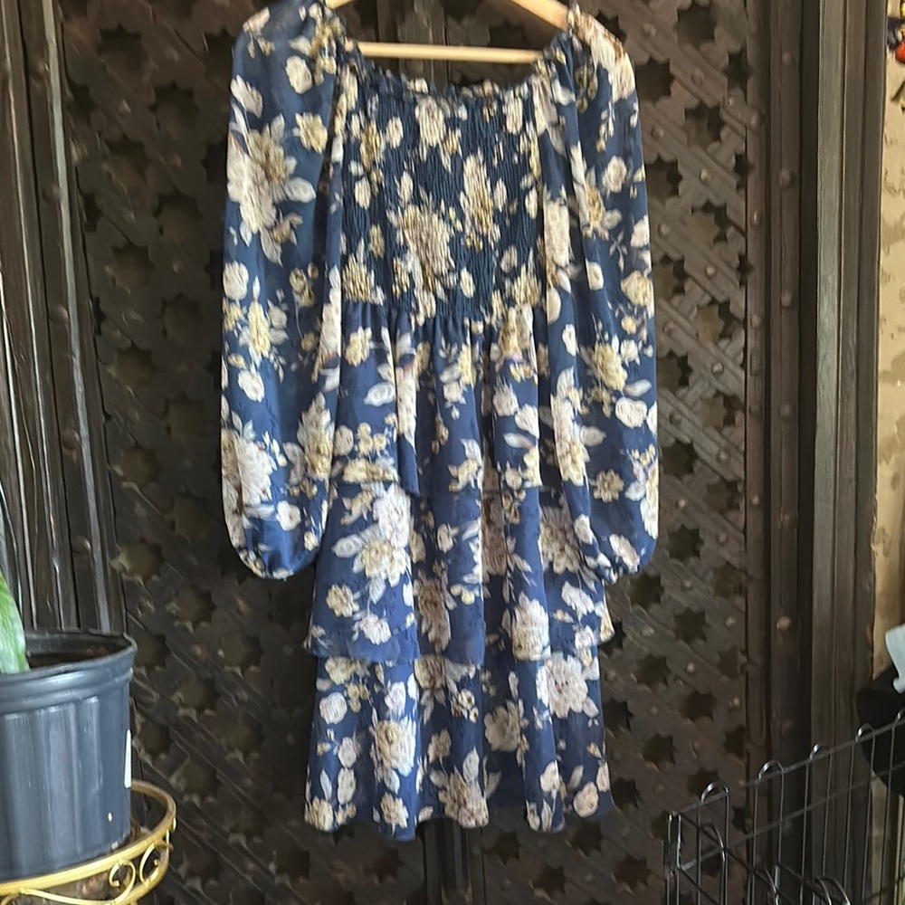 Tag Blue and White Off the Shoulder Sundress with Bishop Sleeves